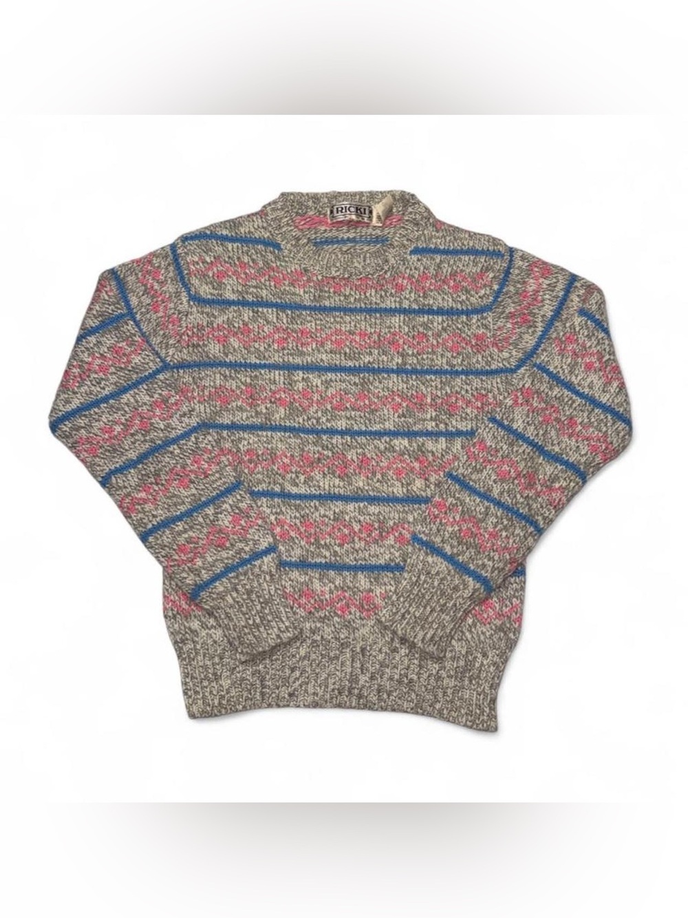 Ricki's Taupe Crewneck Sweater with Pink & Blue Fair Isle
